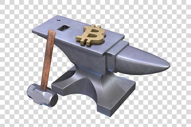 Anvil and hammer with golden bitcoin symbol isolated on white background 3D render illustration