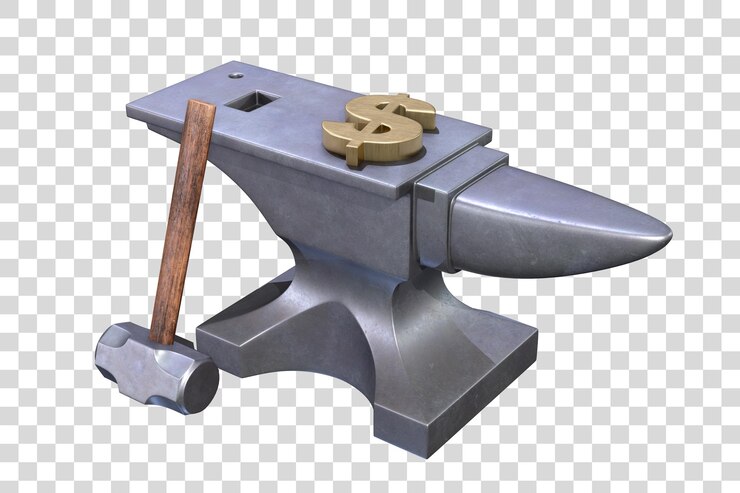 PSD anvil and hammer with golden dollar symbol isolated on white background 3d render illustration
