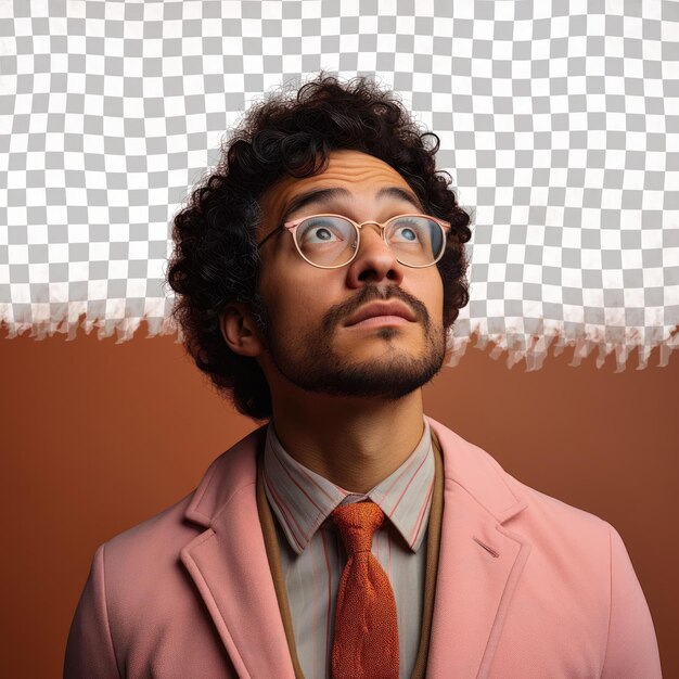 PSD a anxious adult man with kinky hair from the hispanic ethnicity dressed in elementary school teacher attire poses in a dramatic look upwards style against a pastel salmon background