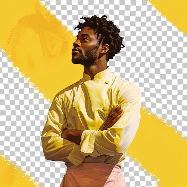 PSD a anxious adult man with kinky hair from the uralic ethnicity dressed in cooking gourmet dishes attire poses in a profile silhouette style against a pastel lemon background