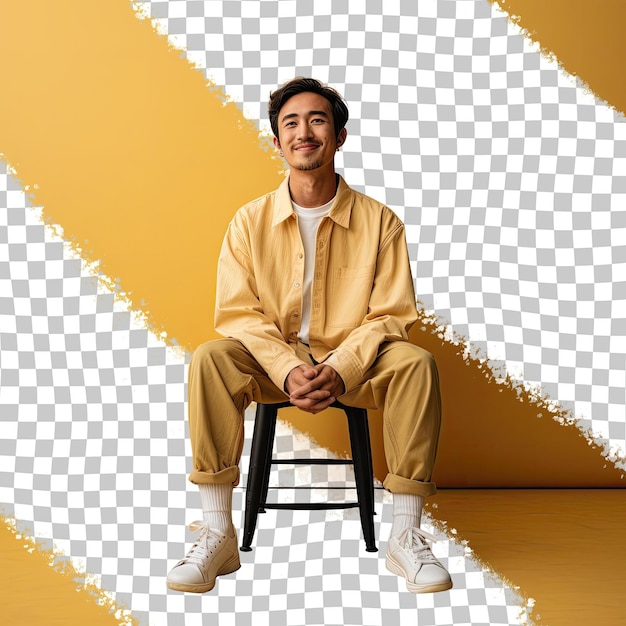 PSD a anxious adult man with short hair from the asian ethnicity dressed in photographer attire poses in a seated pose with crossed legs style against a pastel yellow background