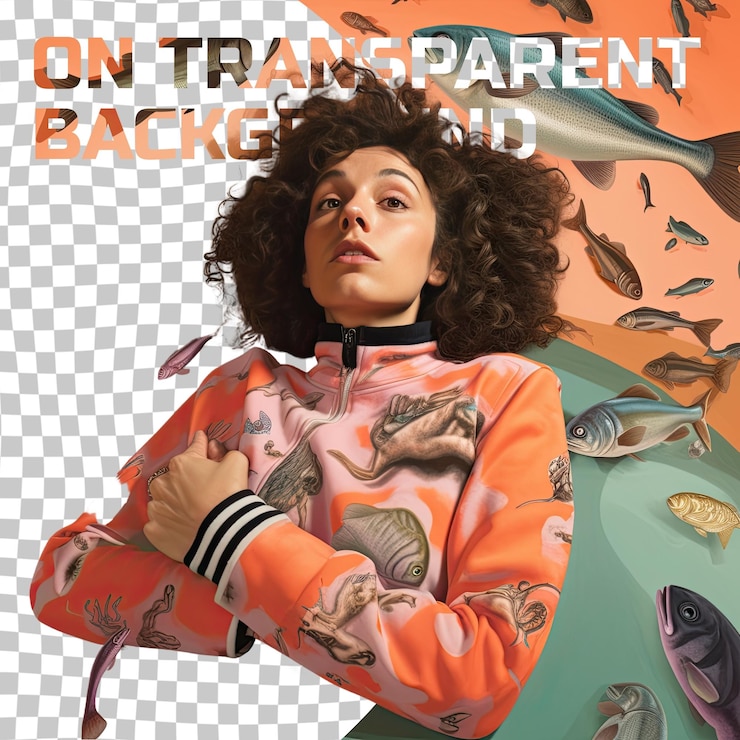 PSD a anxious adult woman with curly hair from the nordic ethnicity dressed in diving underwater attire poses in a lying down with head propped up style against a pastel salmon background
