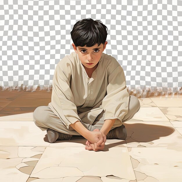 PSD a anxious child boy with short hair from the west asian ethnicity dressed in roofer attire poses in a graceful floor seating style against a pastel beige background