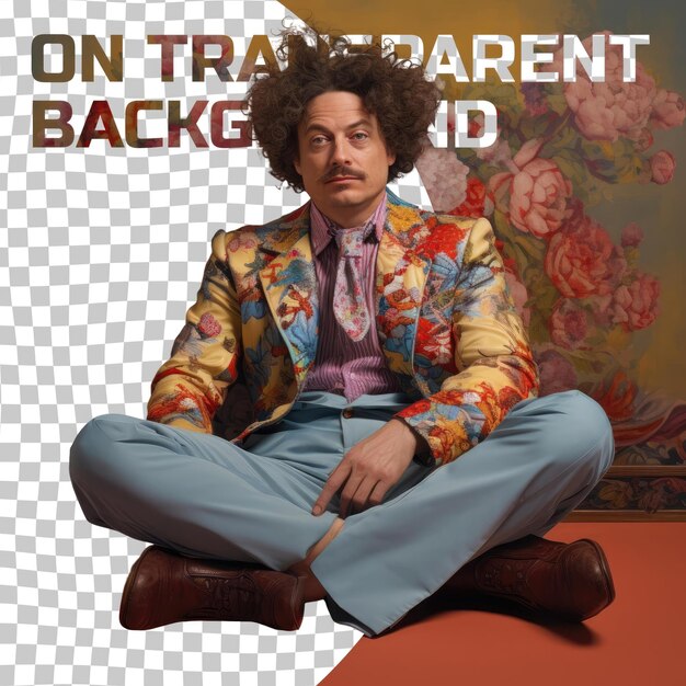 PSD a anxious middle aged man with curly hair from the nordic ethnicity dressed in painting a picture attire poses in a sitting with legs stretched out style against a pastel cream background