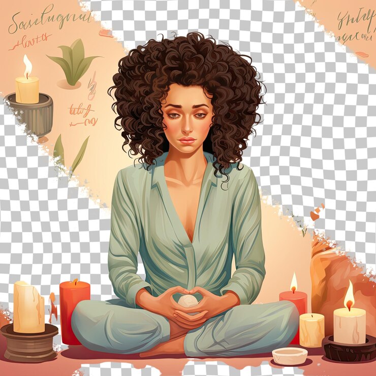 PSD a anxious middle aged woman with curly hair from the slavic ethnicity dressed in making homemade candles attire poses in a seated with head resting on hand style against a pastel beige back