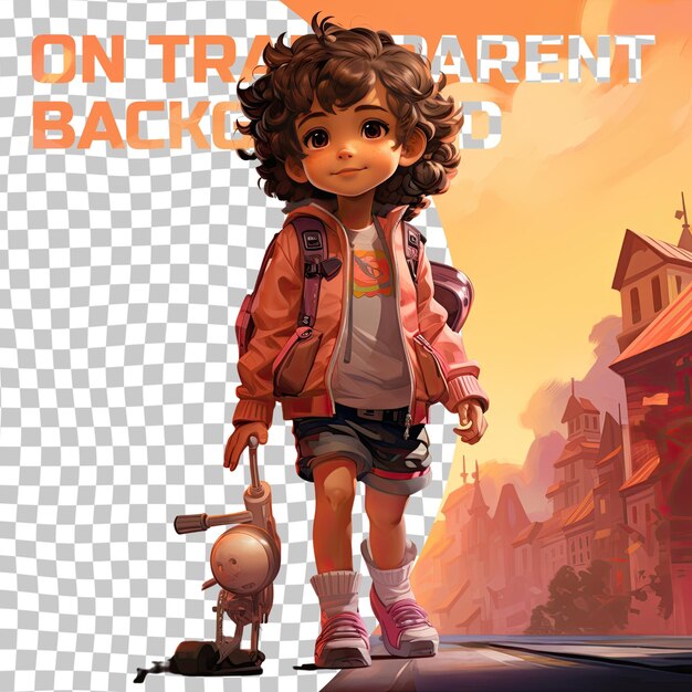 A anxious preschooler boy with curly hair from the west asian ethnicity dressed in cycling around town attire poses in a profile silhouette style against a pastel peach background