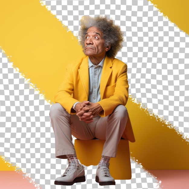 PSD a anxious senior man with kinky hair from the native american ethnicity dressed in podiatrist attire poses in a leaning against a wall style against a pastel yellow background