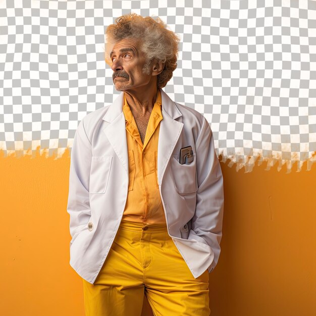 PSD a anxious senior man with kinky hair from the native american ethnicity dressed in podiatrist attire poses in a leaning against a wall style against a pastel yellow background