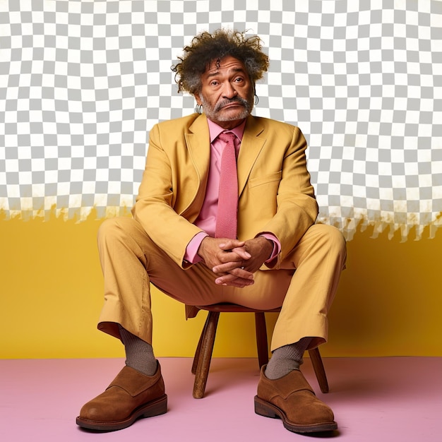 PSD a anxious senior man with kinky hair from the native american ethnicity dressed in podiatrist attire poses in a leaning against a wall style against a pastel yellow background