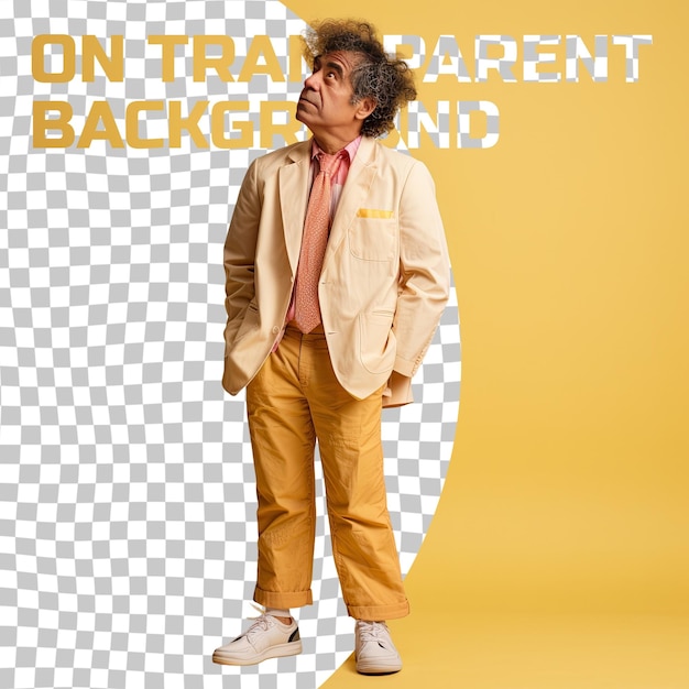 PSD a anxious senior man with kinky hair from the native american ethnicity dressed in podiatrist attire poses in a leaning against a wall style against a pastel yellow background