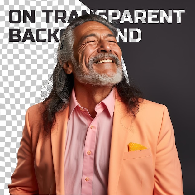 PSD a anxious senior man with long hair from the south asian ethnicity dressed in real estate agent attire poses in a eyes closed with a smile style against a pastel peach background