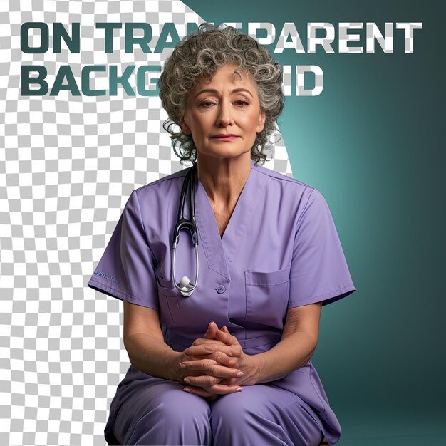 A anxious senior woman with curly hair from the uralic ethnicity dressed in neurosurgeon attire poses in a sitting with hands clasped style against a pastel lavender background