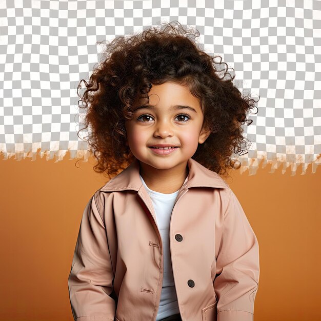 A anxious toddler woman with kinky hair from the scandinavian ethnicity dressed in pharmacist attire poses in a profile silhouette style against a pastel salmon background
