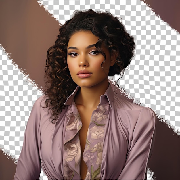 A anxious young adult woman with curly hair from the aboriginal australian ethnicity dressed in banker attire poses in a leaning against a wall style against a pastel lilac background