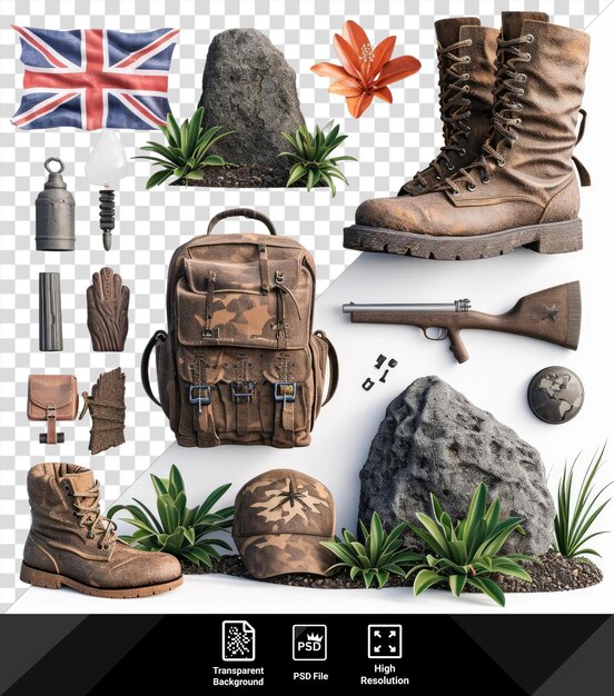 PSD anzac day item set a collage of images featuring a variety of items including brown boots a brown bag a green plant an orange flower a blue and red flag