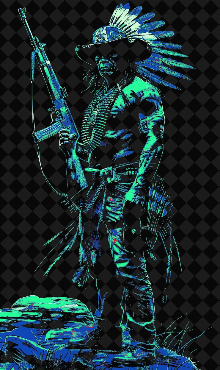 PSD apache warrior portrait with war bonnet and rifle standing w png illustration character designs