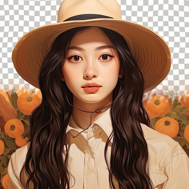 PSD a apathetic adult woman with long hair from the west asian ethnicity dressed in farmer attire poses in a close up of eyes style against a pastel apricot background