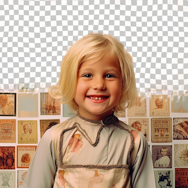 A apathetic child girl with blonde hair from the west asian ethnicity dressed in collecting stamps attire poses in a tilted head with a grin style against a pastel beige background