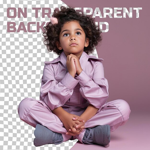 PSD a apathetic preschooler girl with kinky hair from the southeast asian ethnicity dressed in chemical engineer attire poses in a seated with head resting on hand style against a pastel mauve