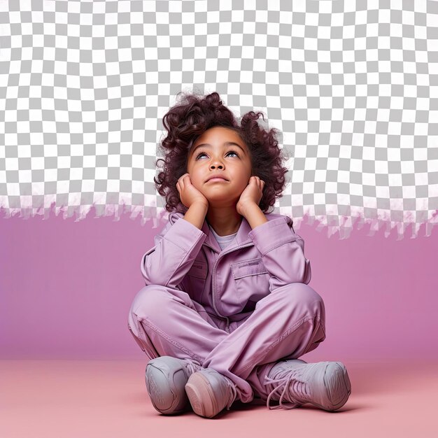 A apathetic preschooler girl with kinky hair from the southeast asian ethnicity dressed in chemical engineer attire poses in a seated with head resting on hand style against a pastel mauve