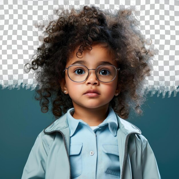 PSD a apathetic toddle girl with kinky hair from the mongolic ethnicity dressed in recreational therapist attire poses in a focused gaze with glasses style against a pastel sky blue background