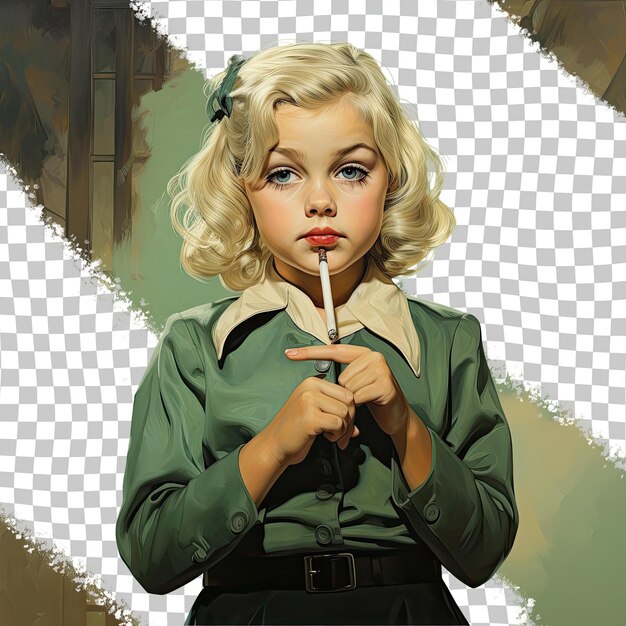 PSD apatyczna mała kobieta z blond włosami z rdzennej rasy amerykańskiej ubrana w strój kryminalistyczny pozuje w stylu myśliwym z palcem na ustach na zielonym tle pastelowym