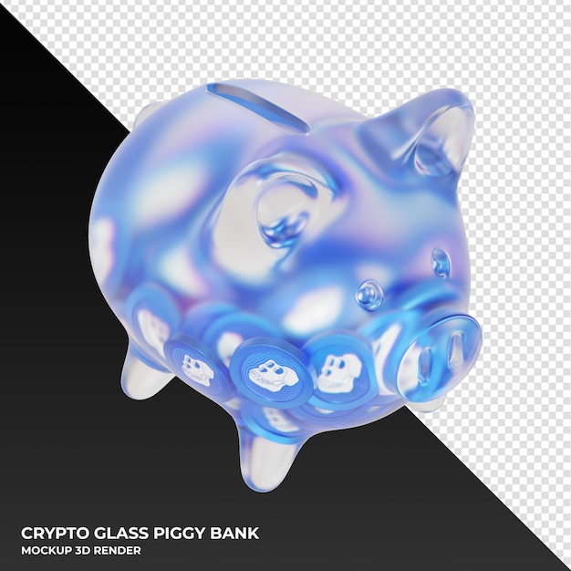 Apecoin ape glazen spaarvarken met cryptomunten 3d illustratie