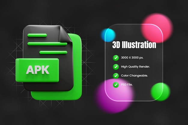 PSD icona 3d del file apk o illustrazione dell'icona 3d del file apk