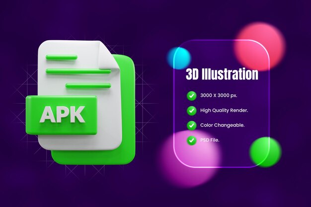 PSD icona 3d del file apk o illustrazione dell'icona 3d del file apk