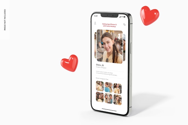 Aplikacja randkowa iPhone 12 z makietą ikon, widok z lewej strony