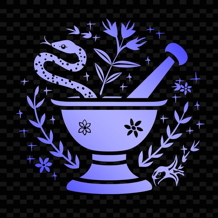 PSD apothecary outline with mortar and pestle design and snake illustration frames decor collection