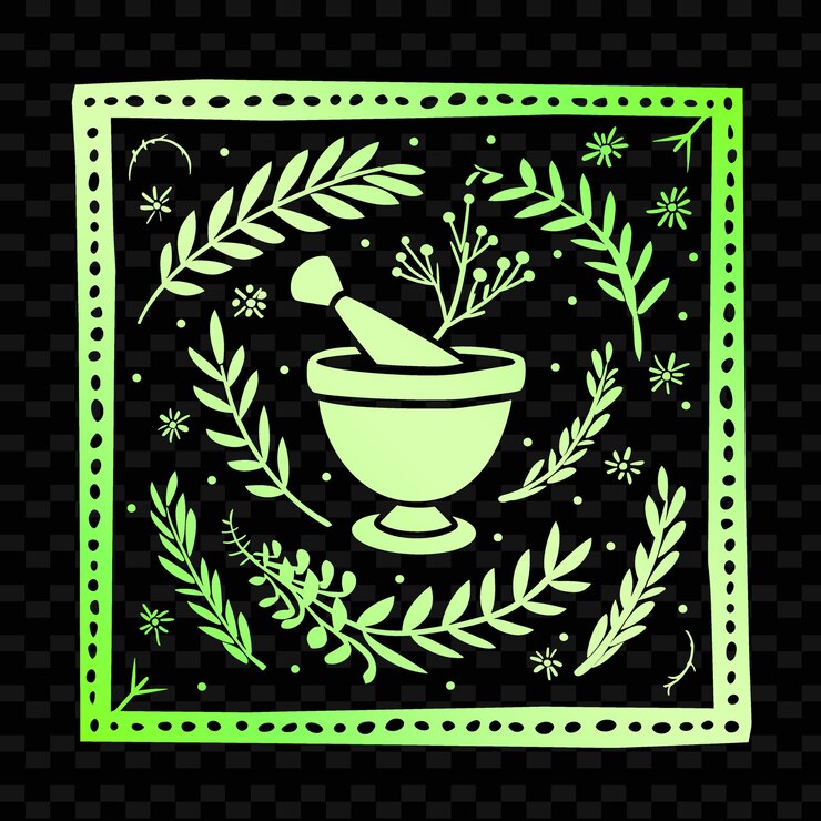 PSD apothecary outline with mortar and pestle frame and herb sy illustration frames decor collection