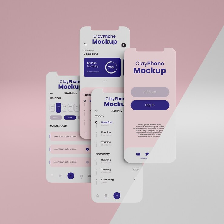 PSD app interface mock-up on phone screen composition