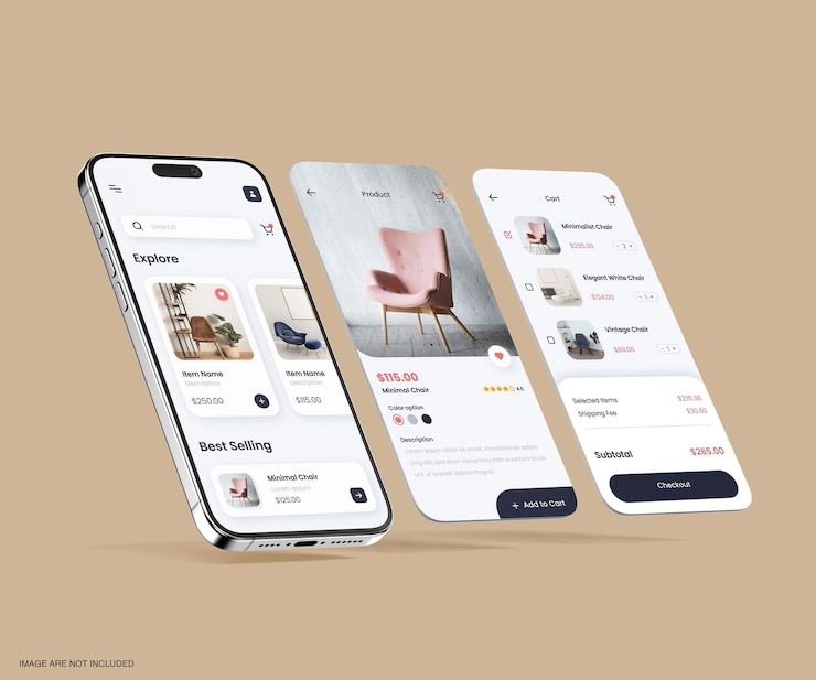 PSD app interface mockup on phone screen