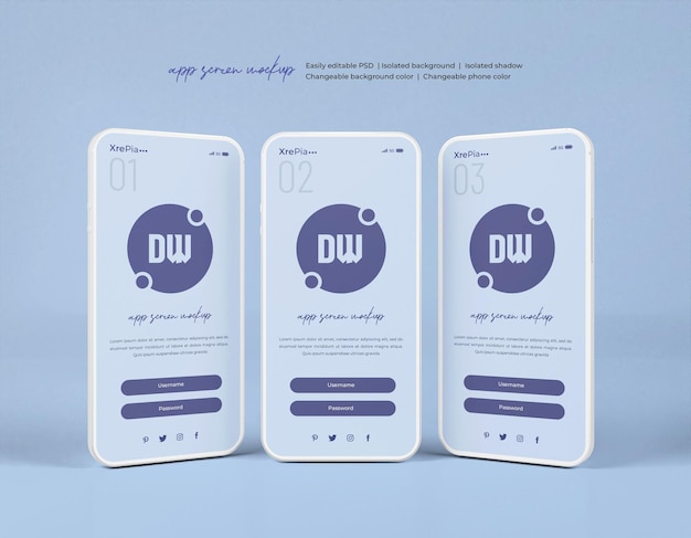 App interface presentation mockup on 3d phone screen isolated