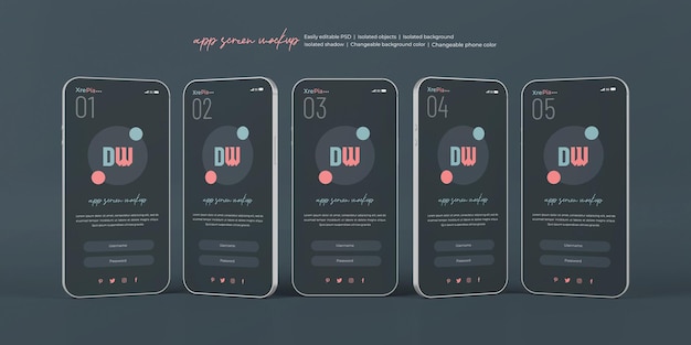 PSD app interface presentation mockup on 3d phone screen isolated
