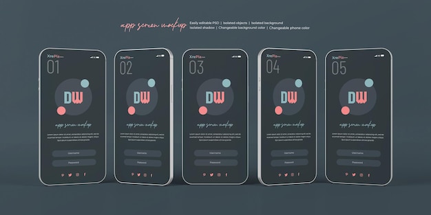 PSD mockup di presentazione dell'interfaccia dell'app sullo schermo del telefono 3d isolato