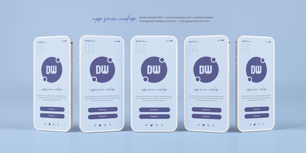 PSD mockup di presentazione dell'interfaccia dell'app sullo schermo del telefono 3d isolato