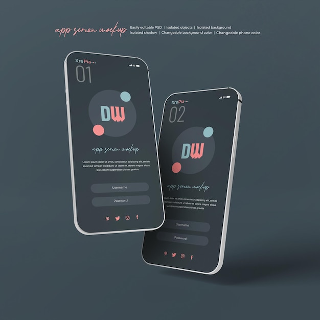 PSD app interface presentation mockup on 3d phone screen isolated