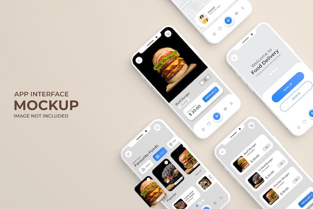 PSD app interface with food menu display on phone screen mockup