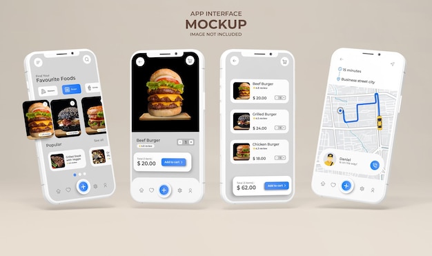 PSD app interface with food menu display on phone screen mockup