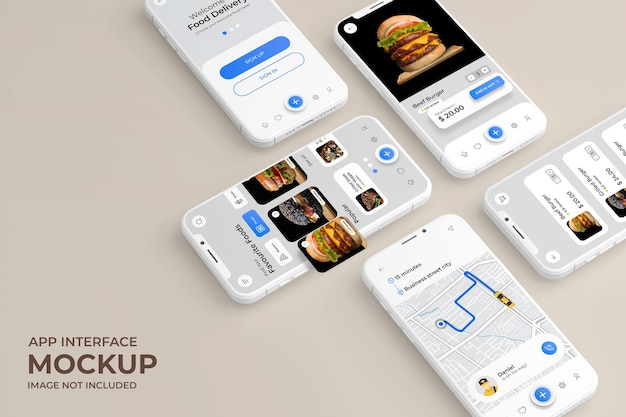 PSD app interface with food menu display on phone screen mockup