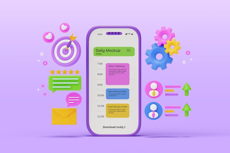 PSD app interface with schedule and task management