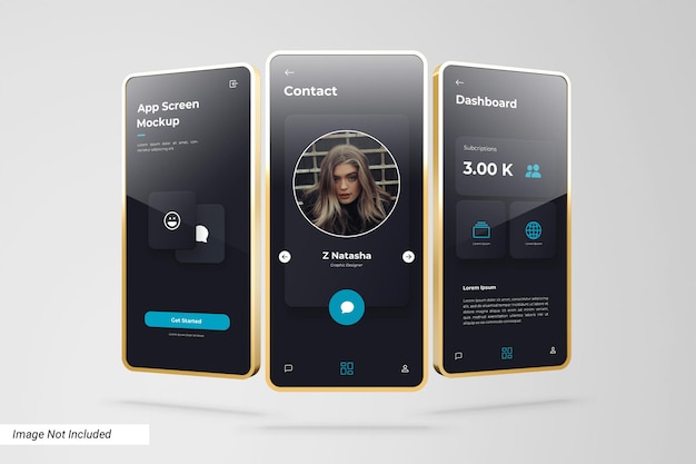 Mockup dello schermo dell'app con cornice dorata 3d