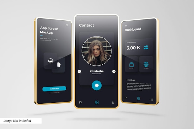 PSD mockup dello schermo dell'app con cornice dorata 3d