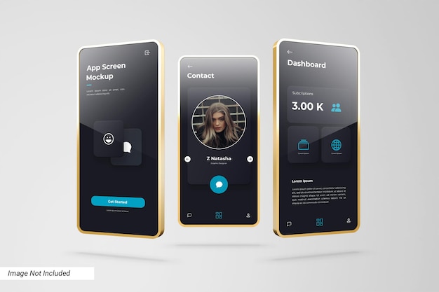 Mockup dello schermo dell'app con cornice dorata 3d