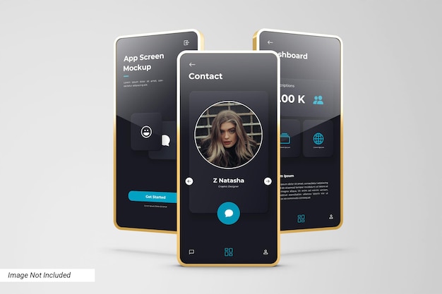 PSD mockup dello schermo dell'app con cornice dorata 3d