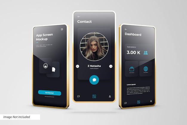 PSD app screen mockup with 3d golden bezel