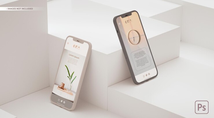 두 대의 휴대폰 모형에 대한 앱 UI UX 개념 프레젠테이션