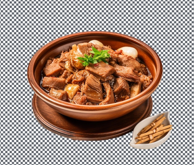 Appetizing braised pork with dried bamboo shoots isolated on transparent background